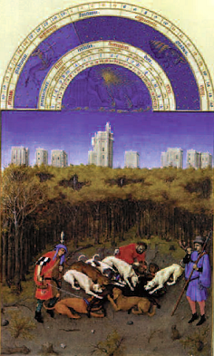 Très Riches heures du duc de Berry - mois de décembre - scène de chasse près du au château de Vincennes